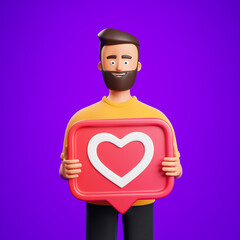 Fototapeta premium Portrait handsome cartoon beard character man in yellow shirt holding red like icon with heart shape symbol over purple background.