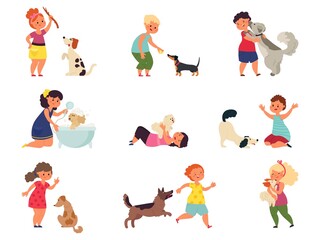 Kids with dogs. Pet playing, girl boy petting dog. Children play puppy, feeding walking cartoon domestic animals decent vector collection. Kids playing with dog, child hugging pet illustration
