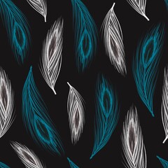 Dark seamless pattern with graphic feathers. Design for fabric, textile, wallpaper and packaging 