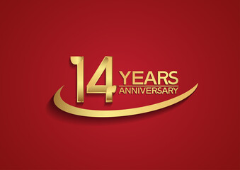 14 years anniversary logo style with swoosh golden color isolated on red background for celebration moment