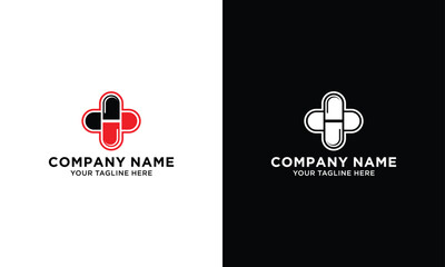 Pills plus template logo design. Vector medical tablet logotype illustration background. Graphic pilule with cross label symbol for pharmacy, hospital. Black and red health care capsule icon symbol.