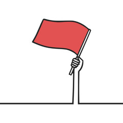 Hand holding and waving the flag red color. Vector. outline illustration on white background.