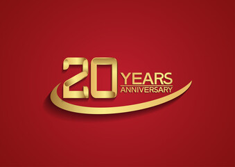 20 years anniversary logo style with swoosh golden color isolated on red background for celebration moment