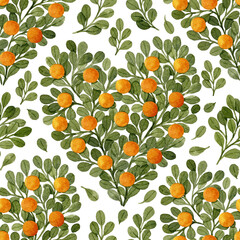 Watercolor green branches and oranges in heart shape. Watercolor seamless pattern. Botanical illustration. Cute green leaves and oranges heart.