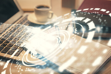 Double exposure of technology theme drawing and desktop with coffee and items on table background. Concept of data research.