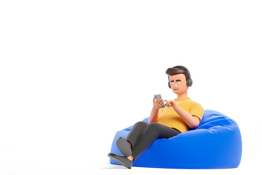 Young happy cartoon character man in yellow t-shirt relax at bean bag armchair and listening music by headphones and smartphone isolated over white background.