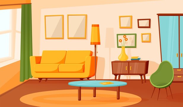 Cartoon living room interior. Flat empty sofa, indoor area design. Modern apartment hall with furniture carpet, lounge recent vector background. Illustration empty room, with furniture interior