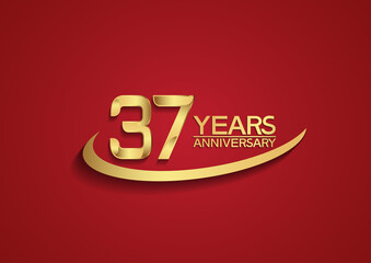 37 years anniversary logo style with swoosh golden color isolated on red background for celebration moment