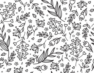 Vector seamles floral pattern, black silhouettes. Abstract floral background.