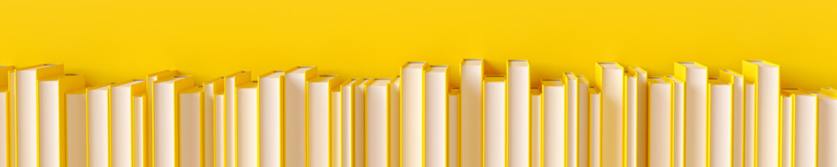 A row of yellow books on a yellow background. 3D rendering illustration.