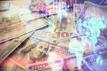 Multi exposure of forex chart drawing over us dollars bill background. Concept of financial success markets.