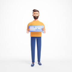 Handsome cartoon beard character man in yellow shirt holding text bubble cloud icon isolated over white background.