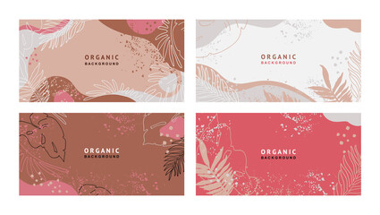 Set of abstract templates in a modern style with leaves and organic shapes. Trendy vector background. Good for cover, invitation, banner, poster, flyer, wedding backgrounds, social media wallpaper 