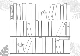 Printable A4 paper sheet with bookshelves and books on background with tropical leaves. Minimalist planner of reading for journal page, habit tracker, daily planner template, blank for notebook.
