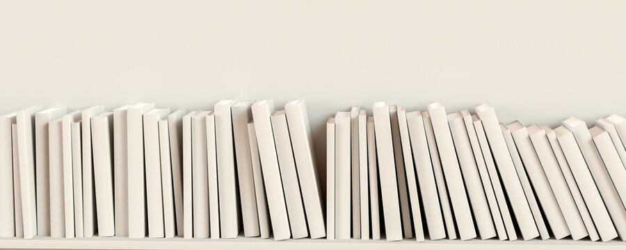 The books are stacked in a row on a white background. 3D rendering illustration.