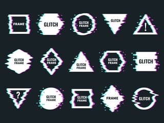 Glitch effects frames. Distortion and noise abstract minimalistic shapes, digital interferences design, broken forms modern graphic. Trendy minimal poster templates vector isolated set