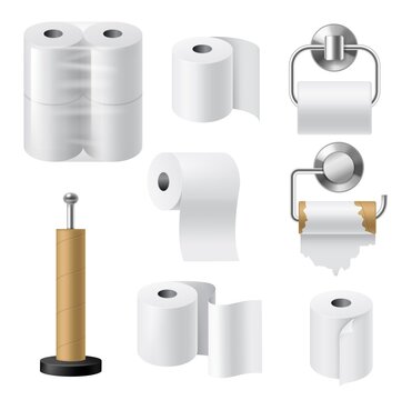 Paper roll holders. Realistic hygiene products kitchen and bathroom accessories, paper towels tapes in rolls, cardboard bushings and metal chrome holder, cellophane packaging vector 3d mockups