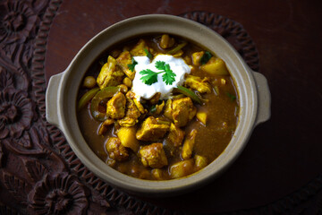 Homemade Mango Coconut Curry Chicken with White Rice and Garlic Naan Flatbread
