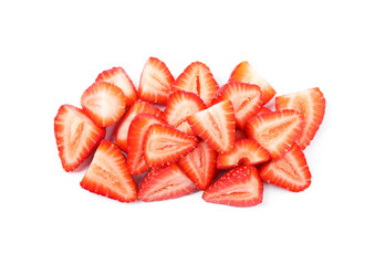 Halves of delicious fresh strawberries on white background, top view