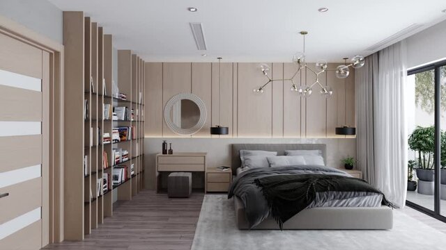 3D-Illustration. Сamera fly through the bedroom in a modern style