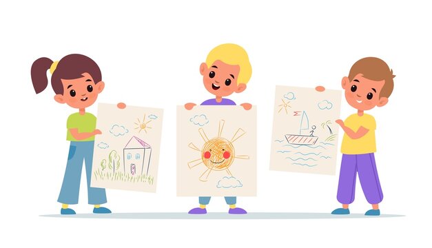 Kids show drawings. Children arts presentation, colourful doodles on paper sheets, girl and boys hold their painting works. School and kindergarten exhibition vector isolated concept