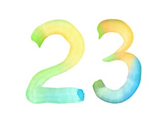 Watercolor numbers, hand-drawn by brush. Multicolor vintage symbol. Template for greetings, design, postcards, decoration.