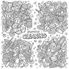 Cleaning cartoon vector doodle designs set.