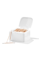 Detail shot of white rectangular container with cotton swabs. Plastic storage box is equipped with secure lid with latch. 