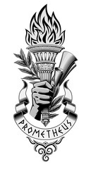 Torch with the fire of Prometheus and a laurel branch with parchment rolls. The inscription on the ribbon Prometheus and the triskeleon pattern. Monochrome version.