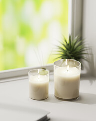 Fototapeta na wymiar Scented candle, burning white aromatic candles in glass on white surface with green plant on background, home aromatique candles, aromatherapy, mock up, 3d rendering