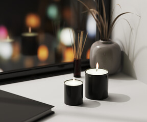 black scented candle with aroma reed diffuser and vase with blured night city lights on background, home aromatic candles, aromatherapy, 3d rendering