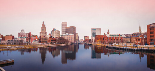 Fototapeta na wymiar Providence City Skyline and Reflections over the River Pedestrian and Bicycle Bridge
