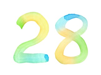 Watercolor numbers, hand-drawn by brush. Multicolor vintage symbol. Template for greetings, design, postcards, decoration.
