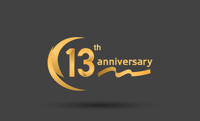 13 years anniversary logotype with double swoosh, ribbon golden color isolated on black background