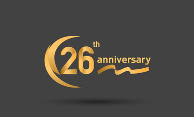 26 years anniversary logotype with double swoosh, ribbon golden color isolated on black background