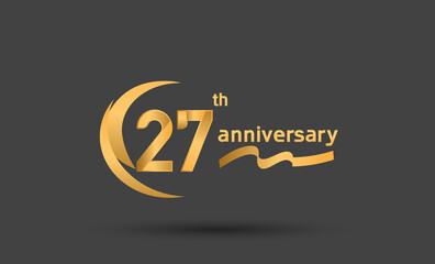 27 years anniversary logotype with double swoosh, ribbon golden color isolated on black background