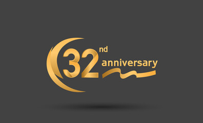 32 years anniversary logotype with double swoosh, ribbon golden color isolated on black background