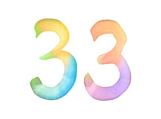 Watercolor numbers, hand-drawn by brush. Multicolor vintage symbol. Template for greetings, design, postcards, decoration.