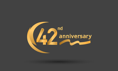 42 years anniversary logotype with double swoosh, ribbon golden color isolated on black background