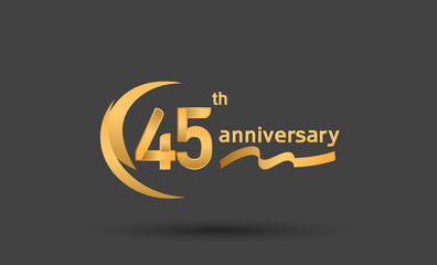 45 years anniversary logotype with double swoosh, ribbon golden color isolated on black background