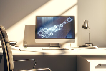 Creative concept of robotics technology on modern laptop screen. Robot development and automation concept. 3D Rendering