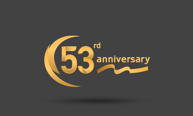 53 years anniversary logotype with double swoosh, ribbon golden color isolated on black background