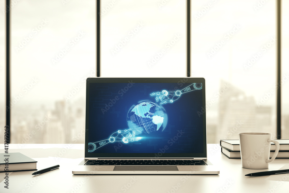 Poster creative concept of robotics technology with globe sketch on modern laptop screen. robot development