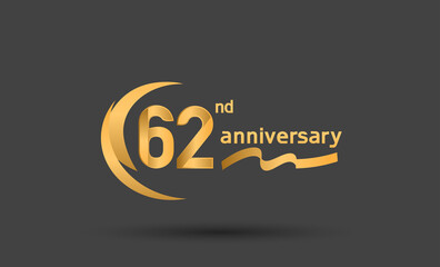 62 years anniversary logotype with double swoosh, ribbon golden color isolated on black background