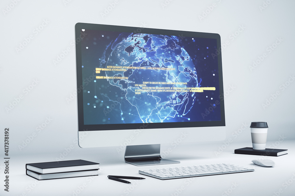 Poster abstract creative coding illustration with world map on modern computer monitor, international softw