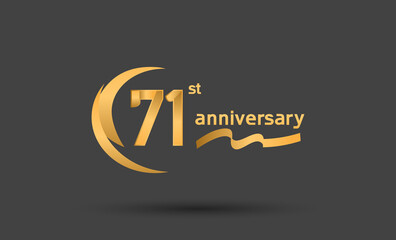 71 years anniversary logotype with double swoosh, ribbon golden color isolated on black background