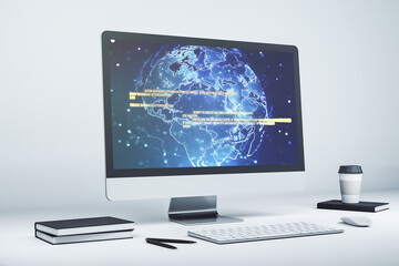 Abstract creative coding illustration with world map on modern computer monitor, international software development concept. 3D Rendering