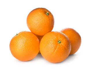 Delicious fresh ripe oranges on white background