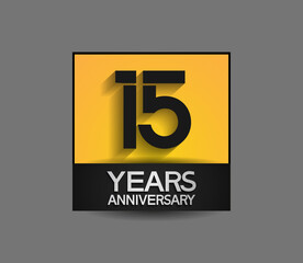 15 years anniversary in square yellow and black color composition for celebration moment
