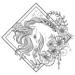 Head of unicorn with flowers coloring for adult